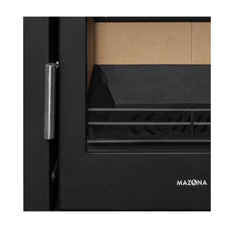Silver handle of Mazona Clovelly multifuel stove on white background 
