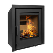 Black fireplace insert with flames inside on a white background