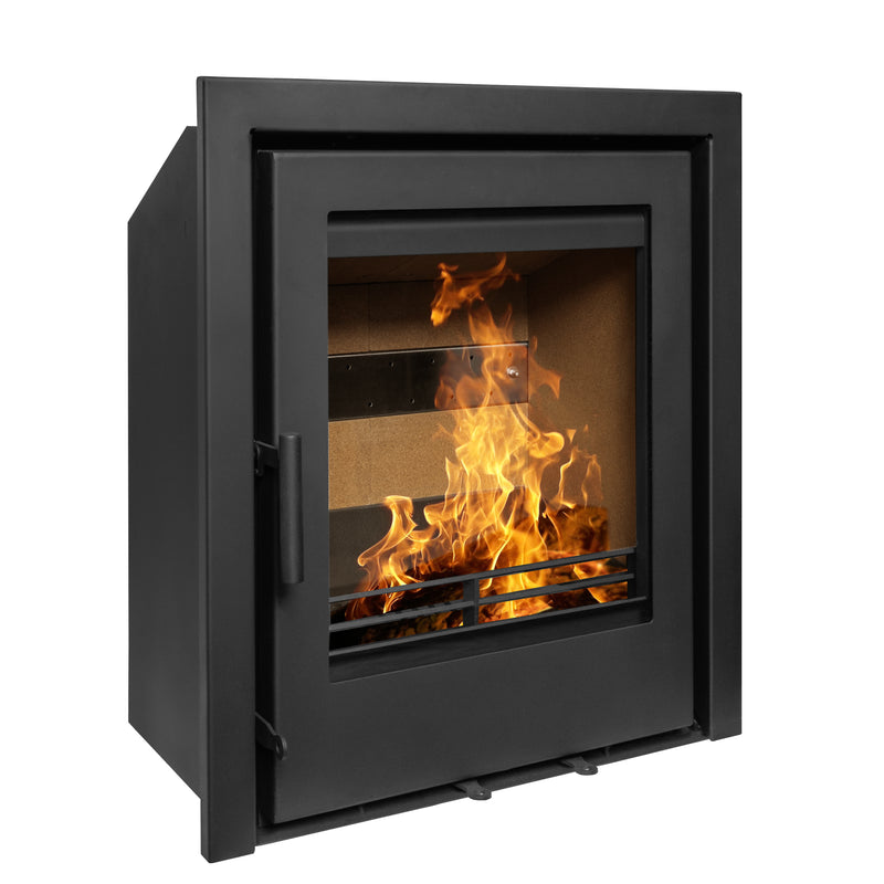 Black fireplace insert with flames inside on a white background