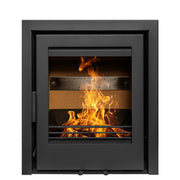 Black fireplace insert with flames inside on a white background