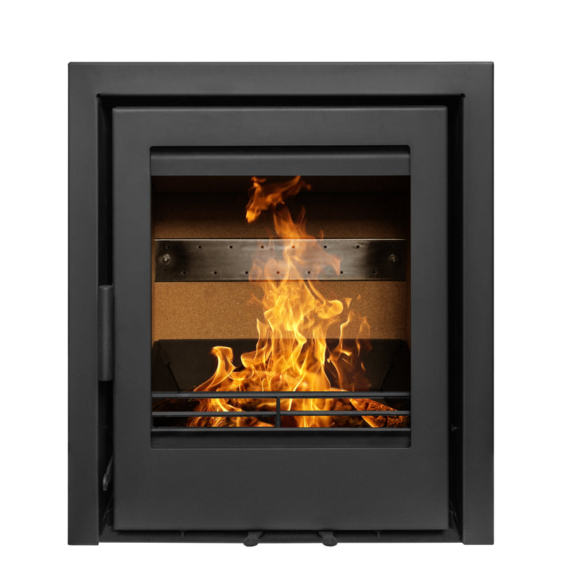 Black fireplace insert with flames inside on a white background