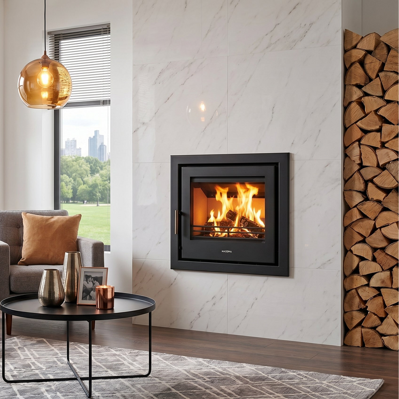 Modern living room with a fireplace, sofa, and decorative elements.
