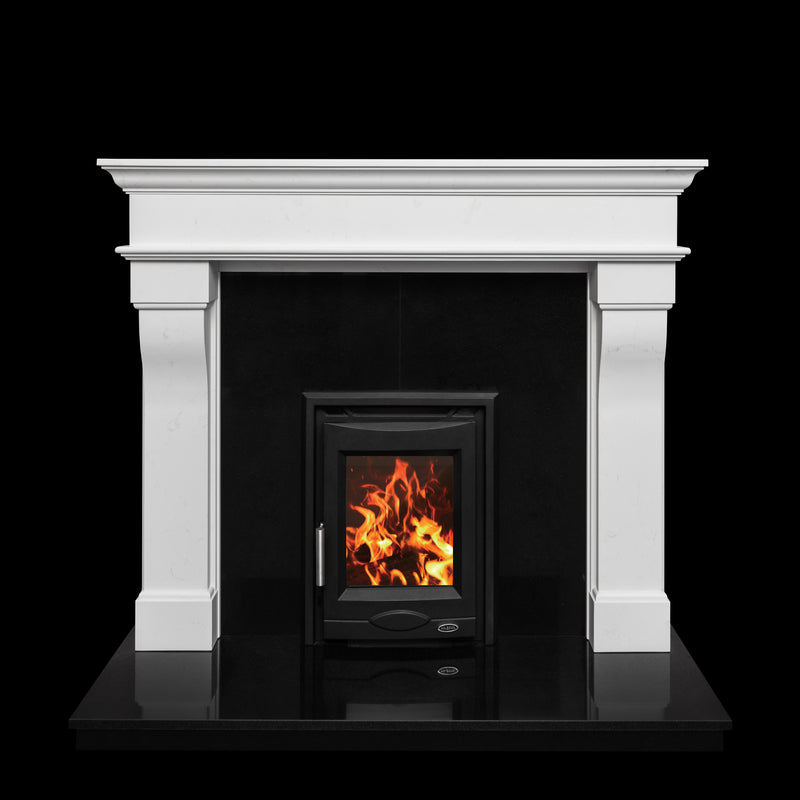 multifuel stove with flame in mantle piece  