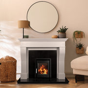 multifuel stove with flame in living room 
