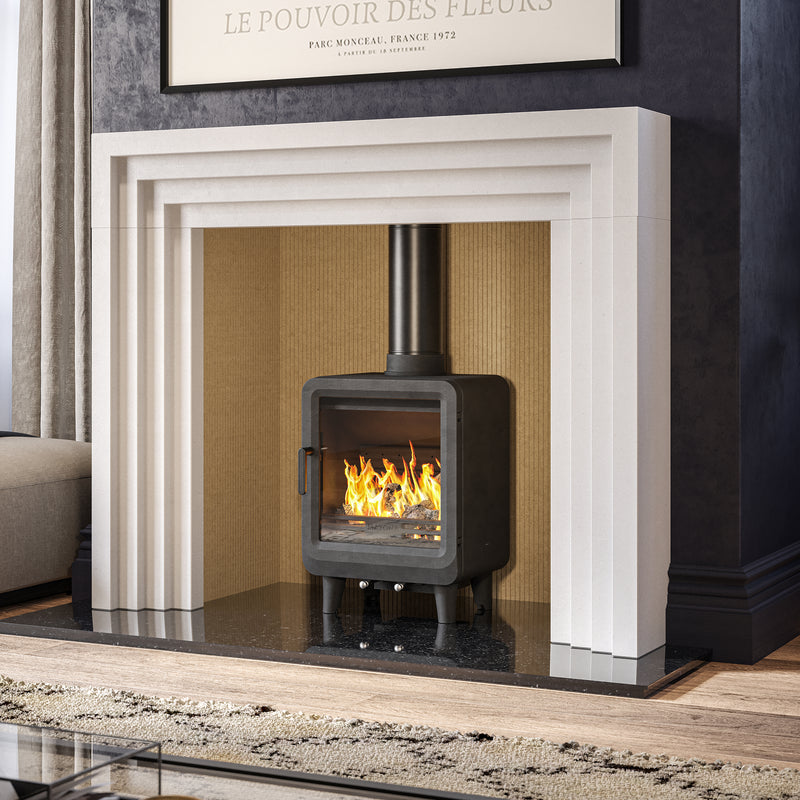 Black Multifuel Woodburning Stove in living room 