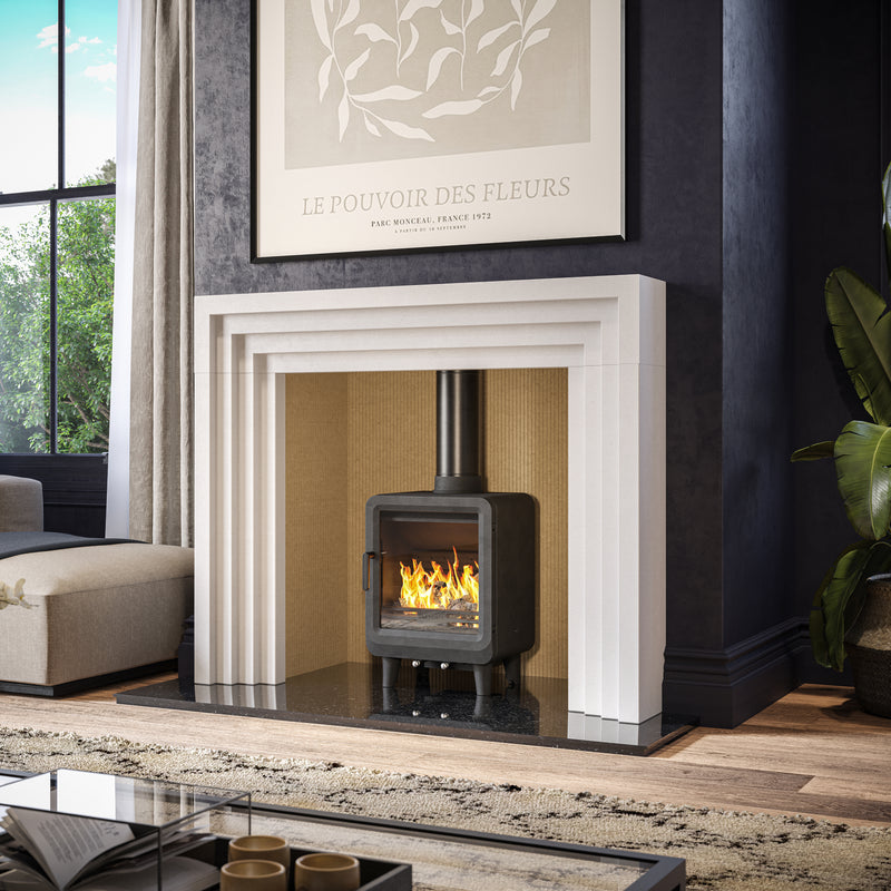 Black Multifuel Woodburning Stove in living room 