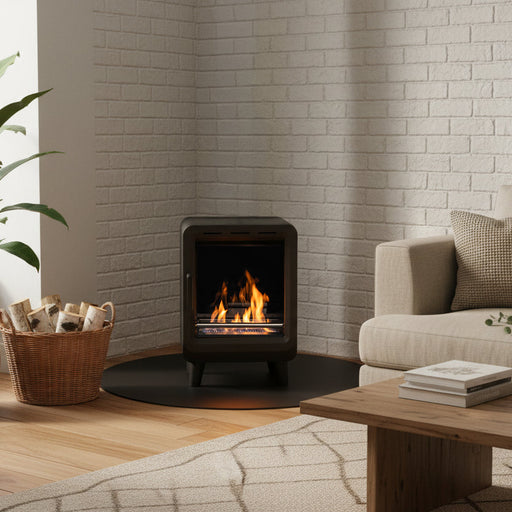 Modern Bioethanl stove in living room corner setting 