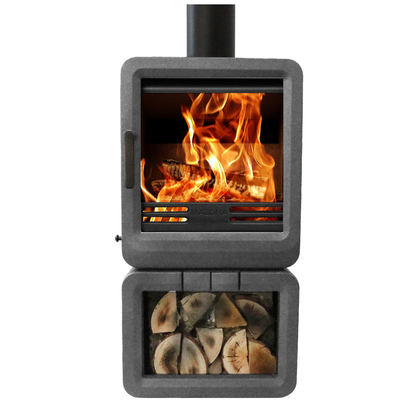 Grey wood stove with fire and wood inside on a white background 