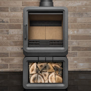 Grey wood stove on a white background 