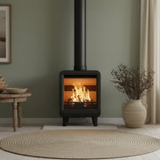 freestanding stove on stone hearth 