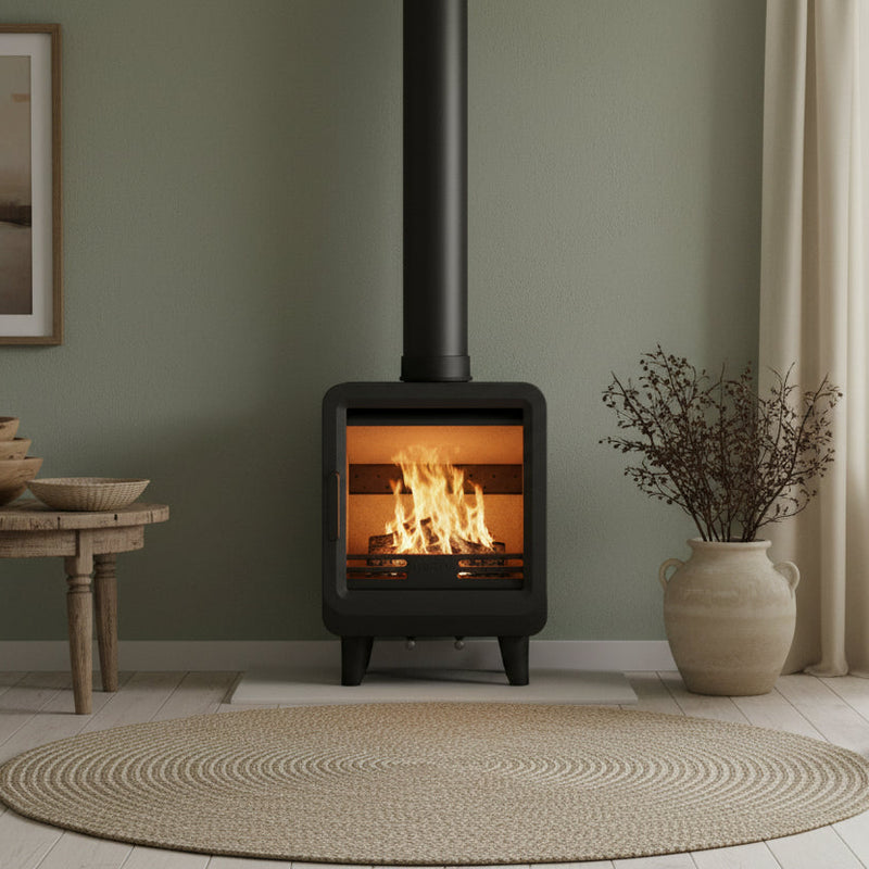 freestanding stove on stone hearth 