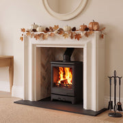 Marble surround in cosy living room with mazona woodburnng stove 