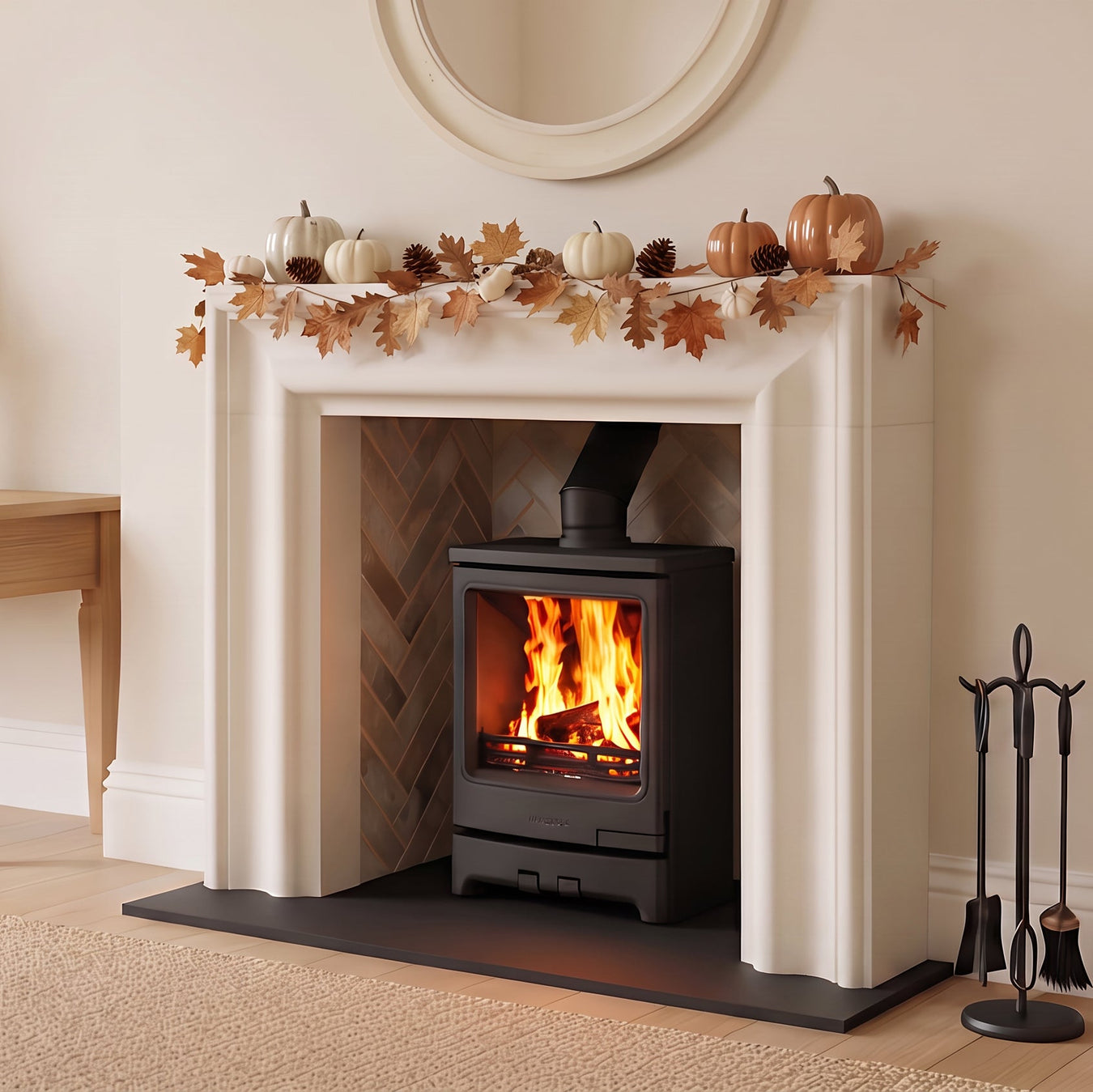 Marble surround in cosy living room with mazona woodburnng stove 