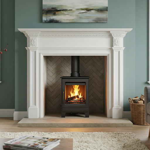 mazona stove in marble surround modern home. 