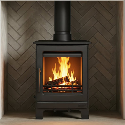 Modern living room with stove and marble fireplace