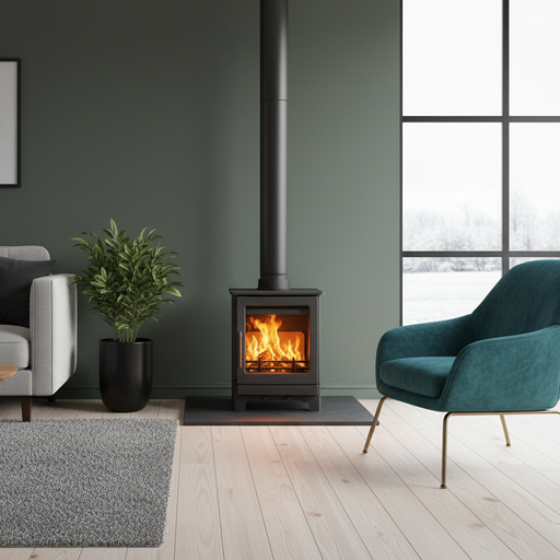 Modern living room with a gray sofa, teal armchair, and a fireplace.