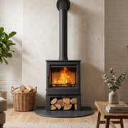 Freestanding stove with log store in modern living room 