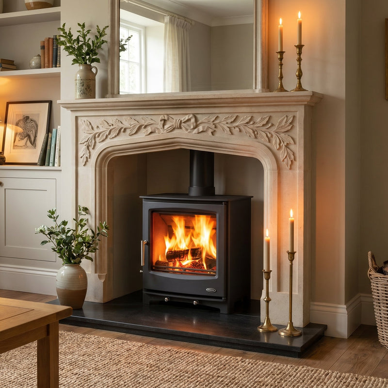 Cozy living room with a fireplace, candles, and decorative items.