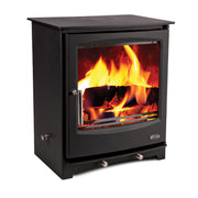 Mazona Rye Eco 7kW Multifuel Woodburning Stove, Freestanding, Eco Design Approved, Defra Approved with flames side view on white background