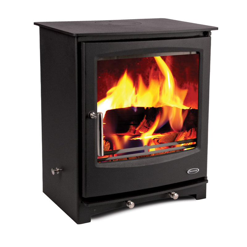 Mazona Rye Eco 7kW Multifuel Woodburning Stove, Freestanding, Eco Design Approved, Defra Approved with flames side view on white background