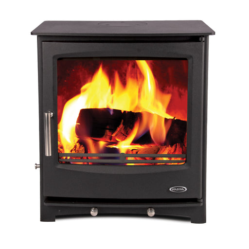 Mazona Rye Eco 7kW Multifuel Woodburning Stove, Freestanding, Eco Design Approved, Defra Approved with flames and log burners on white background