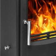 Silver stove handle with red flame inside stove 