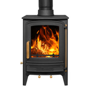 Mazona Warwick 4 kW Multifuel Woodburning Stove with flames inside on a white background