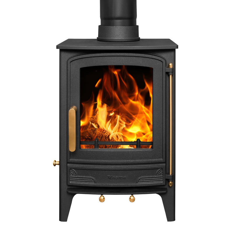 Mazona Warwick 4 kW Multifuel Woodburning Stove with flames inside on a white background