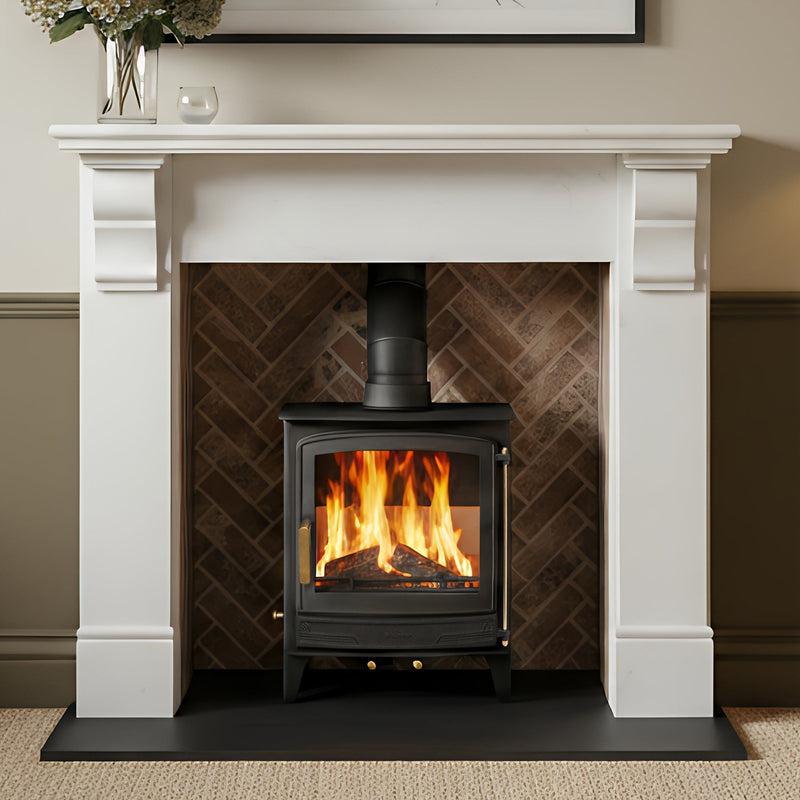 marble fireplace surround with traditional woodburning stove 