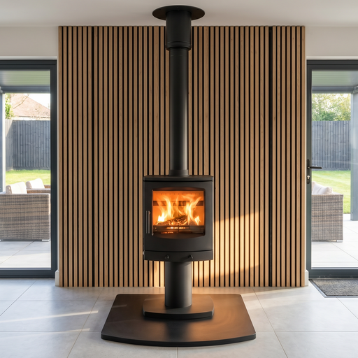 Wood-burning Mazona stove in a modern room with large windows and striped wall.
