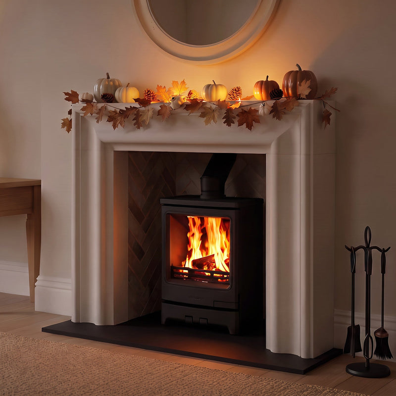 Cosy autumn living room with mazona woodburning stove alight 