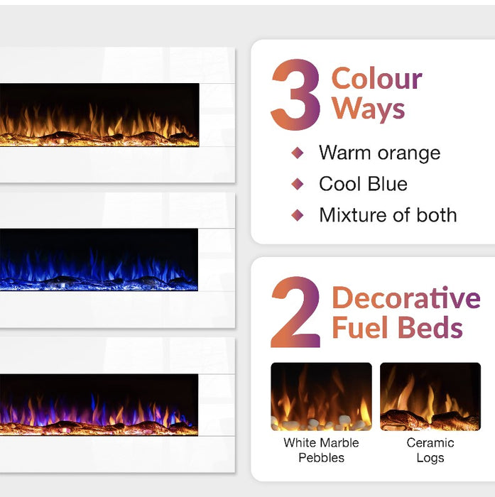 Ezee Glow XL Zara 72" White Wall Mounted or Recessed / Built In Electric Fire