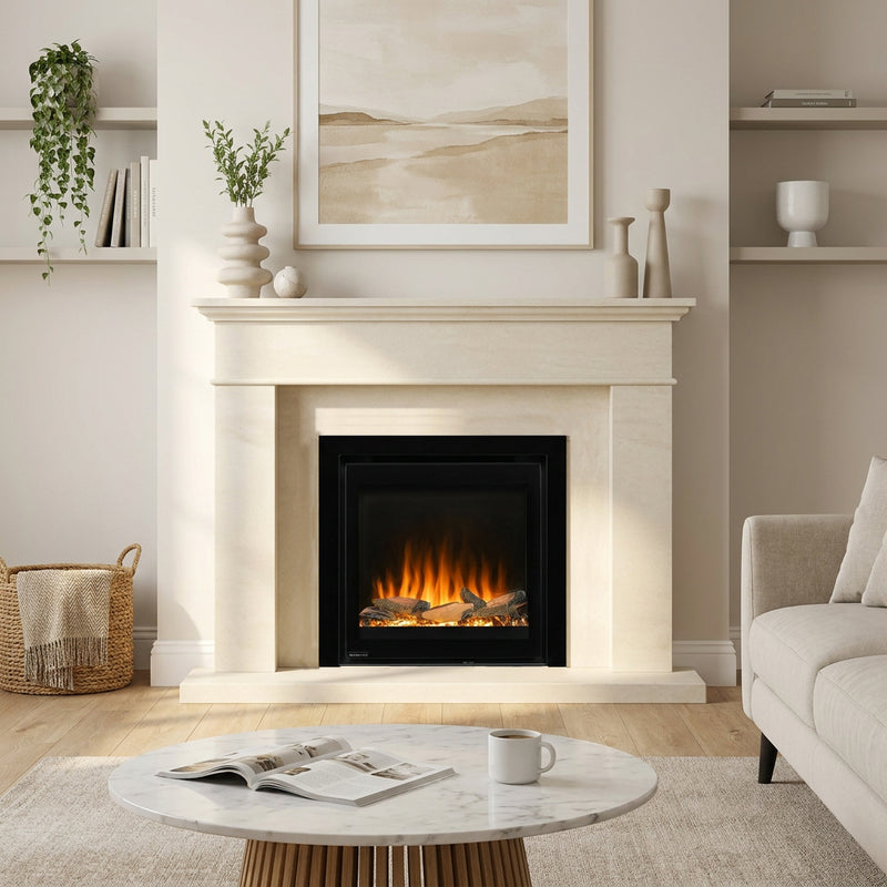 A cream-colored fireplace mantel and surround with a black electric fireplace insert, styled in a bright, modern living room with a marble coffee table, white mug, and neutral-toned sofa.
