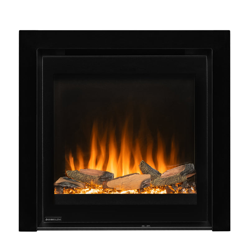 A black electric fireplace insert with a realistic flame and log effect, shown against a plain white background.