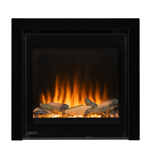 A black electric fireplace insert with a realistic flame and log effect, shown against a plain white background.