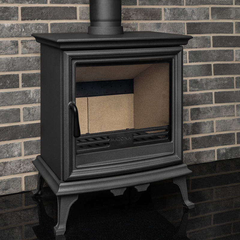 Mazona Bedford multifuel stove with grey tile background 