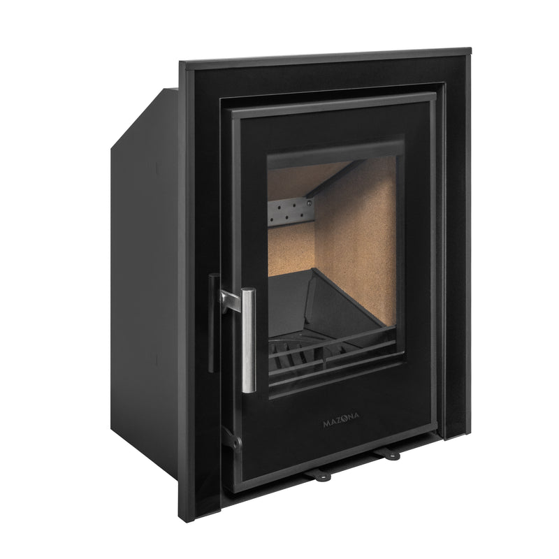 Mazona Clovelly 400 5kW 3 Sided Glass Trim Stove, Multifuel, Woodburning, Cassette, Inset, Eco Design Approved, Defra Approved on white background empty no log burners 