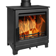 Black freestanding stove with visible flames on a white background
