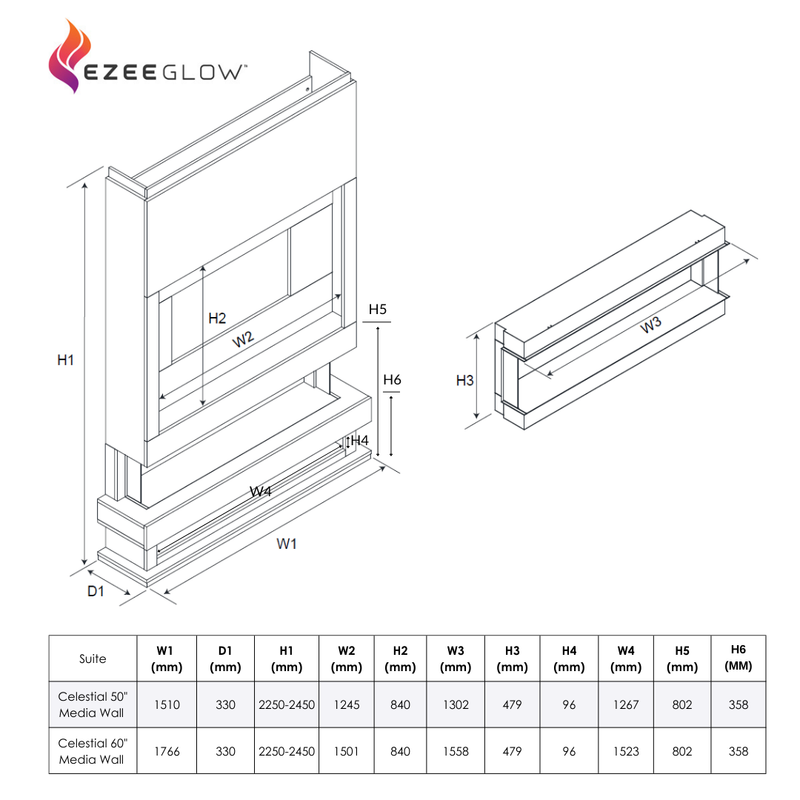 Ezee Glow Celestial 50" Electric Fire Self Build Media Wall Kit