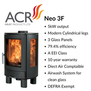 ACR Neo 3F Eco Woodburning Stove n white background , specifications 