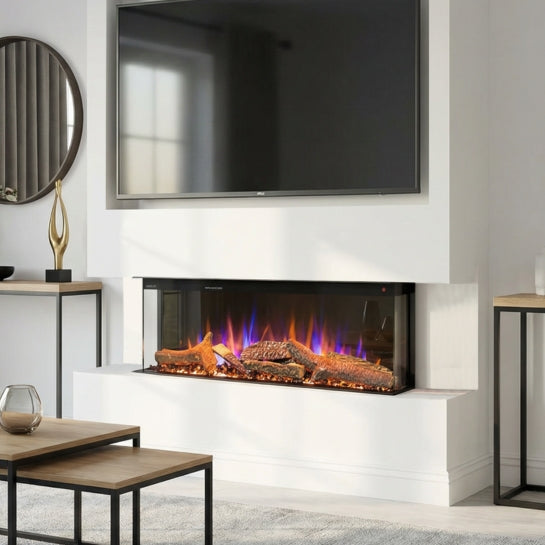 Banner photo of built-in electric fire above benefit icons