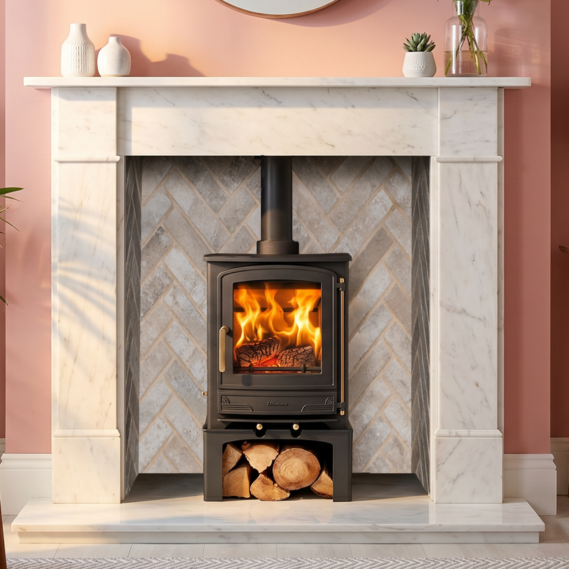 Mazona stove with log store in marble fireplace with brick cladding and modern room decor 