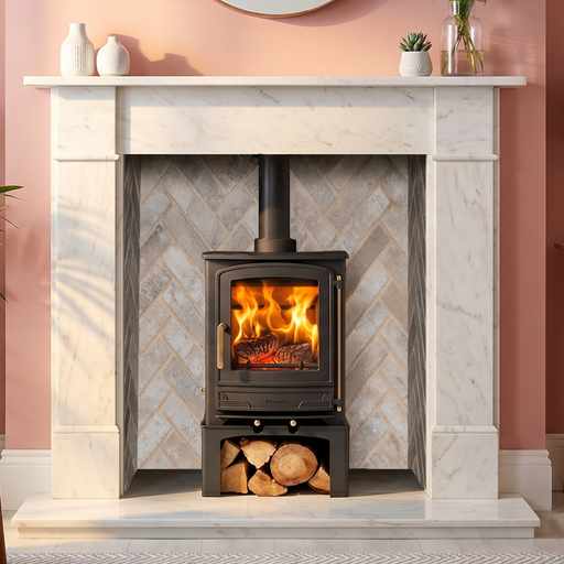 Mazona stove with log store in marble fireplace with brick cladding and modern room decor 