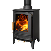 Mazona Warwick 4 kW Multifuel Woodburning Stove with flames inside on a white background.