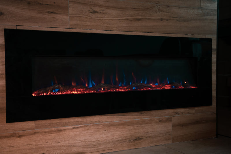 Ezee Glow XL Zara 72"  Black Wall Mounted or Recessed / Built In Electric Fire with a wooden background