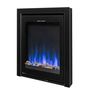 Ezee Glow Pulse Black Inset Electric Fire With Glass Trim with blue flame on white background

