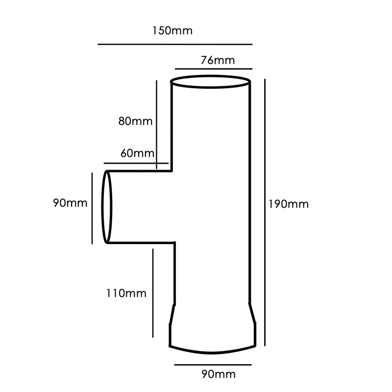 3 Inch 90 Degree Enamel Flue Tee drawing and dimensions
