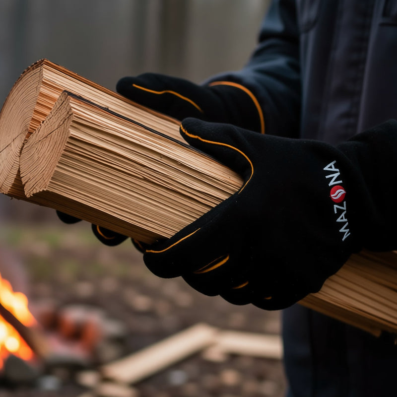 Person holding firewood with a campfire in the background wearing Mazona Stove heat resistant gloves