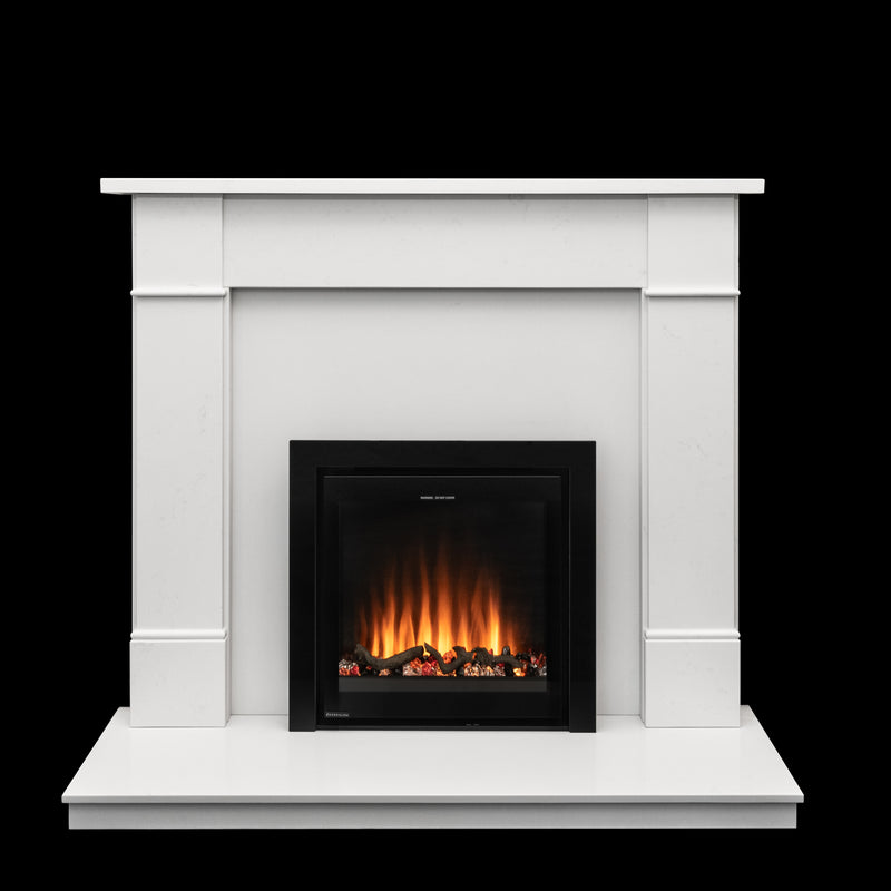 Ezee Glow Pulse Widescreen Black inset Electric Fire With Glass Trim in white fire place hearth with black background