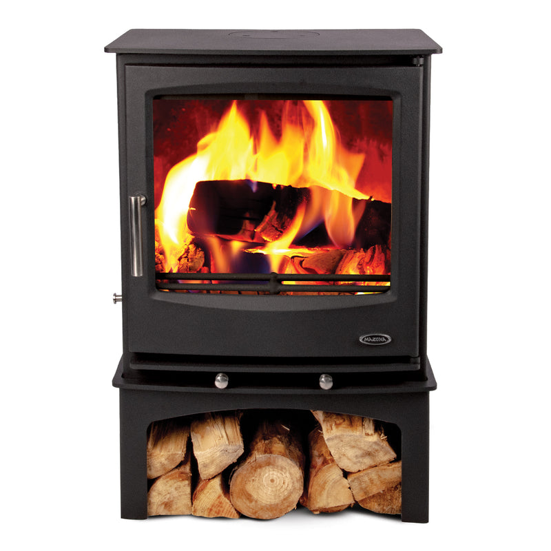 Mazona Rye Woodburning Stove with flame on white background 